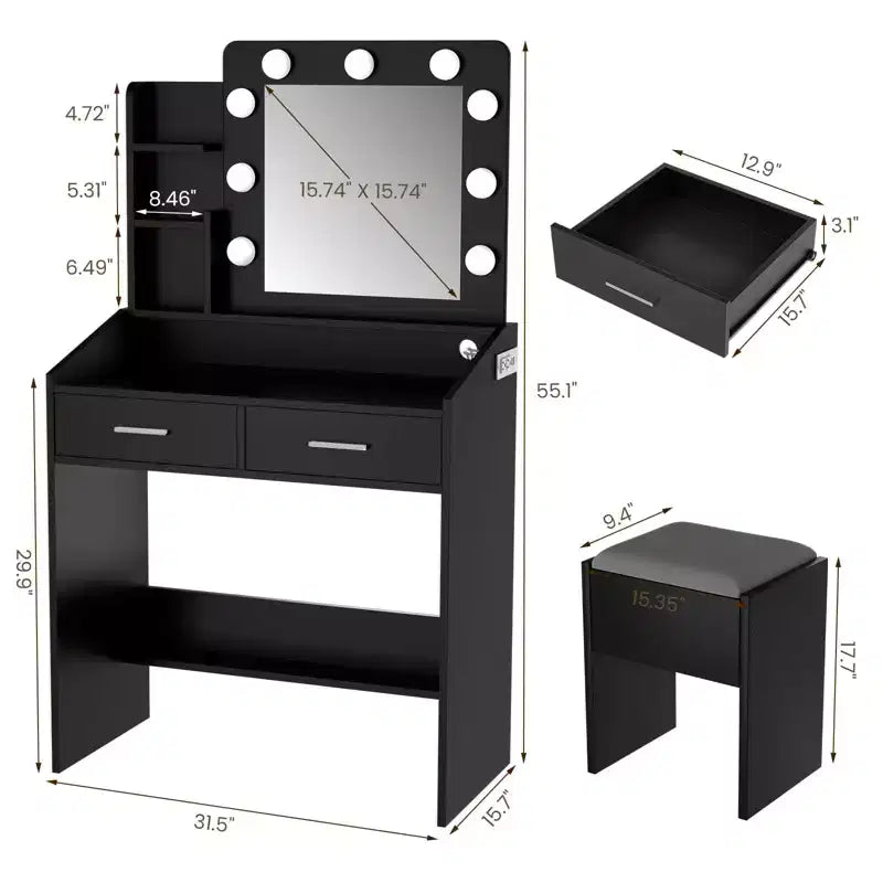 Toeletta con specchio e luci, Toeletta per il trucco con presa di corrente e sgabello imbottito, 3 modalità di illuminazione con luminosità regolabile, Tavolo da trucco