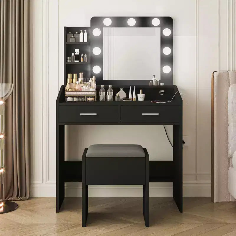 Toeletta con specchio e luci, Toeletta per il trucco con presa di corrente e sgabello imbottito, 3 modalità di illuminazione con luminosità regolabile, Tavolo da trucco