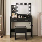Toeletta con specchio e luci, Toeletta per il trucco con presa di corrente e sgabello imbottito, 3 modalità di illuminazione con luminosità regolabile, Tavolo da trucco