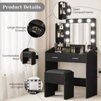 Toeletta con specchio e luci, Toeletta per il trucco con presa di corrente e sgabello imbottito, 3 modalità di illuminazione con luminosità regolabile, Tavolo da trucco