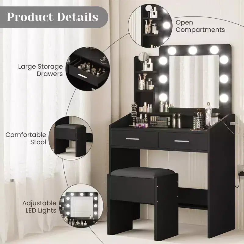 Toeletta con specchio e luci, Toeletta per il trucco con presa di corrente e sgabello imbottito, 3 modalità di illuminazione con luminosità regolabile, Tavolo da trucco