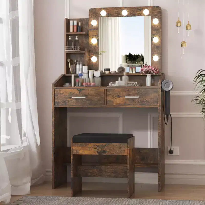 Toeletta con specchio e luci, Toeletta per il trucco con presa di corrente e sgabello imbottito, 3 modalità di illuminazione con luminosità regolabile, Tavolo da trucco