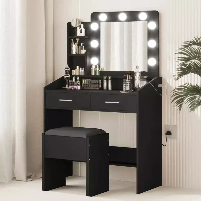 Vanity Desk with Mirror and Lights, Makeup Vanity with Power Outlet & Cushioned Stool, 3 Lighting Modes Adjustable Brightness, Dressing Table