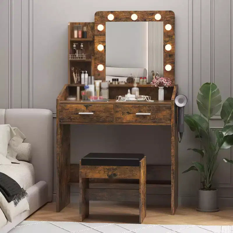 Toeletta con specchio e luci, Toeletta per il trucco con presa di corrente e sgabello imbottito, 3 modalità di illuminazione con luminosità regolabile, Tavolo da trucco