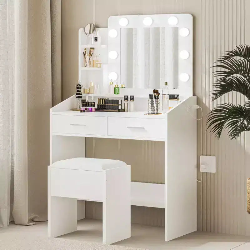 Toeletta con specchio e luci, Toeletta per il trucco con presa di corrente e sgabello imbottito, 3 modalità di illuminazione con luminosità regolabile, Tavolo da trucco
