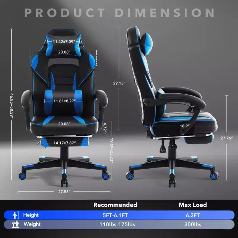 Sedia da ufficio taglie forti, sedia da gaming in pelle con schienale alto e poggiapiedi, sedia da computer ergonomica con supporto lombare e poggiatesta, base girevole a 360°
