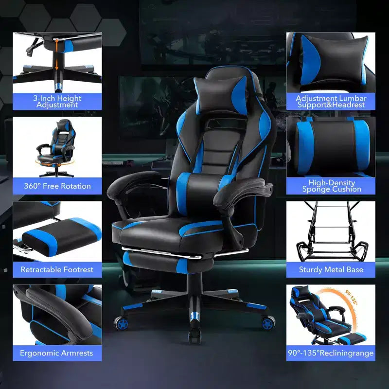 Sedia da ufficio taglie forti, sedia da gaming in pelle con schienale alto e poggiapiedi, sedia da computer ergonomica con supporto lombare e poggiatesta, base girevole a 360°