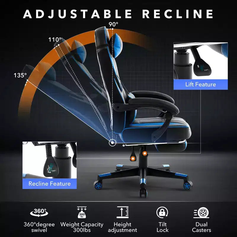 Sedia da ufficio taglie forti, sedia da gaming in pelle con schienale alto e poggiapiedi, sedia da computer ergonomica con supporto lombare e poggiatesta, base girevole a 360°