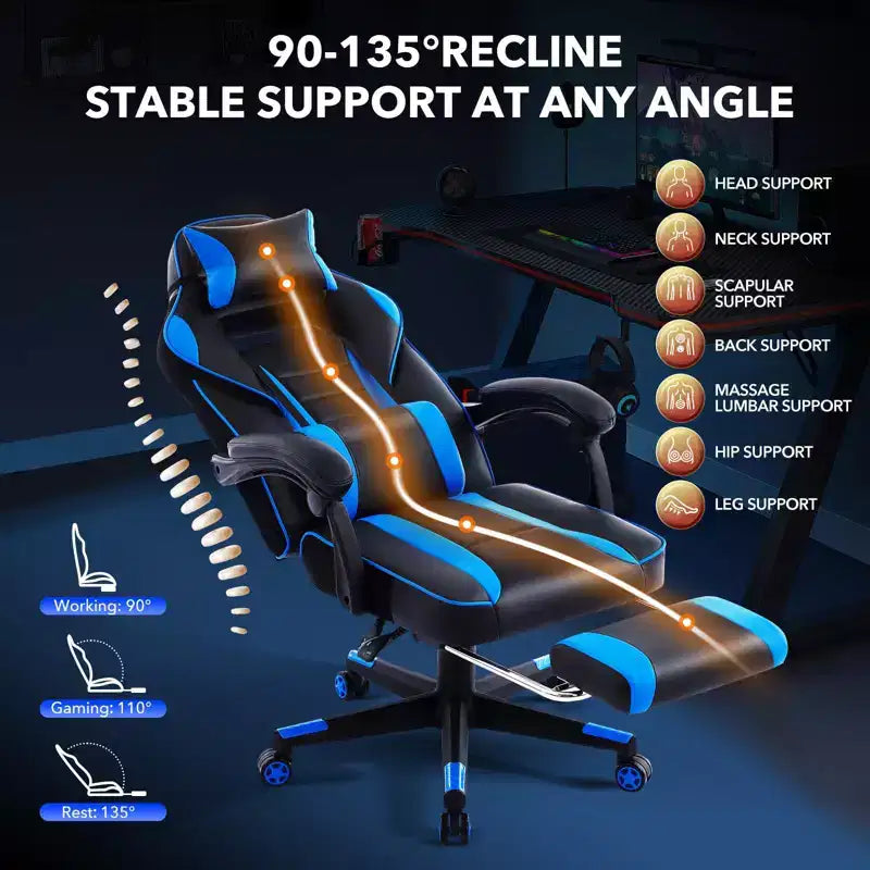 Sedia da ufficio taglie forti, sedia da gaming in pelle con schienale alto e poggiapiedi, sedia da computer ergonomica con supporto lombare e poggiatesta, base girevole a 360°