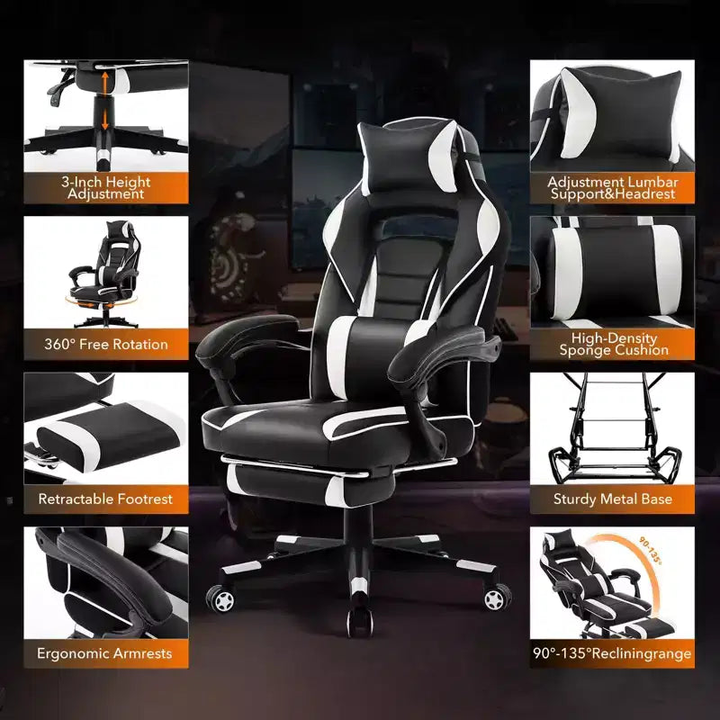 Sedia da ufficio taglie forti, sedia da gaming in pelle con schienale alto e poggiapiedi, sedia da computer ergonomica con supporto lombare e poggiatesta, base girevole a 360°