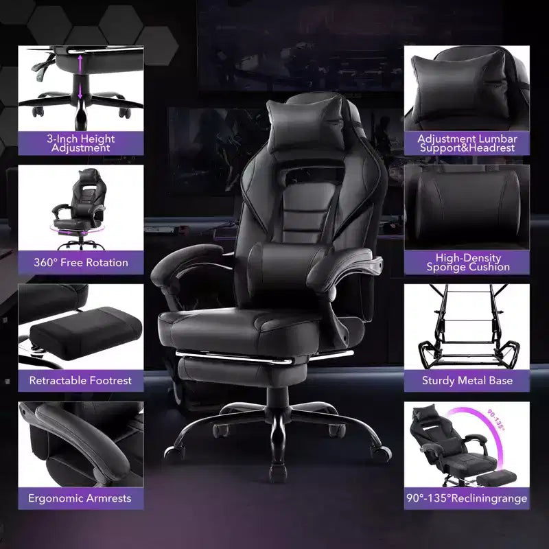 Sedia da ufficio taglie forti, sedia da gaming in pelle con schienale alto e poggiapiedi, sedia da computer ergonomica con supporto lombare e poggiatesta, base girevole a 360°