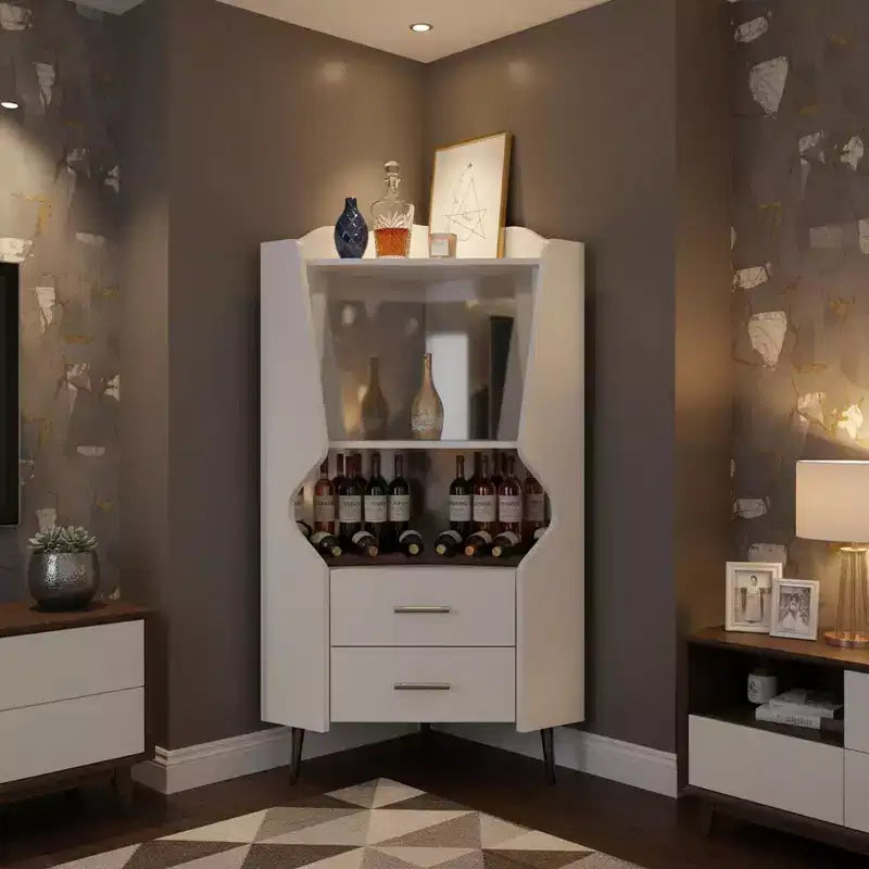 Homy Casa Mobile Bar Angolare Moderno con Ripiani e Cassetti, per Sala da Pranzo o Soggiorno, Bianco