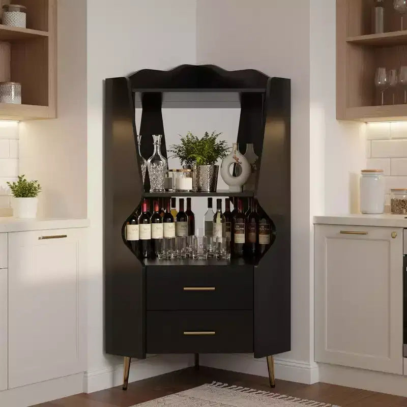 Homy Casa Mobile Bar Angolare Moderno con Ripiani e Cassetti, per Sala da Pranzo o Soggiorno, Nero