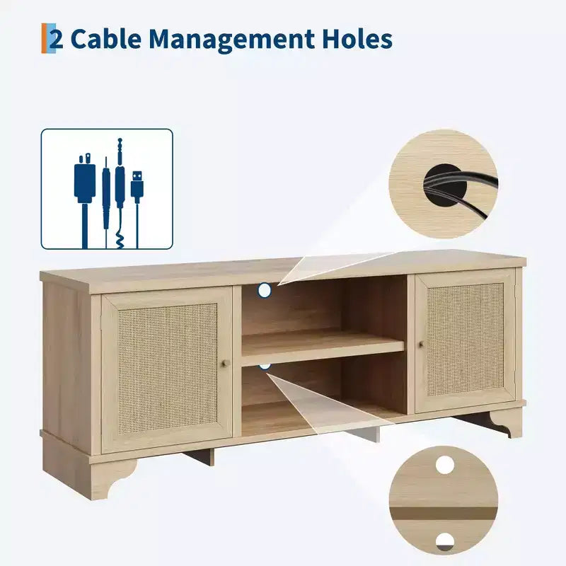 Mobile TV in Rattan, Adatto a TV fino a 70 Pollici, Mobile Porta TV Bohemien con Ante e Ripiani Aperti, Tavolino Console in Legno per Soggiorno