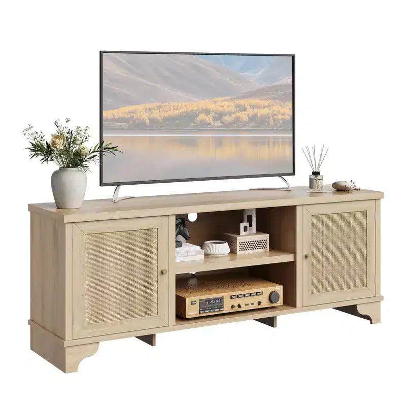 Mobile TV in Rattan, Adatto a TV fino a 70 Pollici, Mobile Porta TV Bohemien con Ante e Ripiani Aperti, Tavolino Console in Legno per Soggiorno
