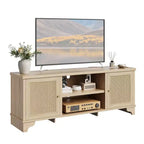 Mobile TV in Rattan, Adatto a TV fino a 70 Pollici, Mobile Porta TV Bohemien con Ante e Ripiani Aperti, Tavolino Console in Legno per Soggiorno
