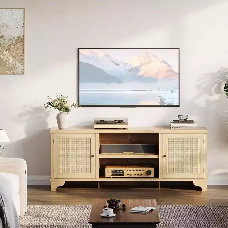Mobile TV in Rattan, Adatto a TV fino a 70 Pollici, Mobile Porta TV Bohemien con Ante e Ripiani Aperti, Tavolino Console in Legno per Soggiorno