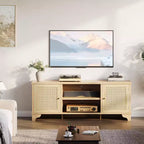 Mobile TV in Rattan, Adatto a TV fino a 70 Pollici, Mobile Porta TV Bohemien con Ante e Ripiani Aperti, Tavolino Console in Legno per Soggiorno