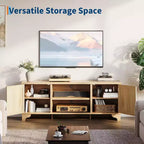 Mobile TV in Rattan, Adatto a TV fino a 70 Pollici, Mobile Porta TV Bohemien con Ante e Ripiani Aperti, Tavolino Console in Legno per Soggiorno