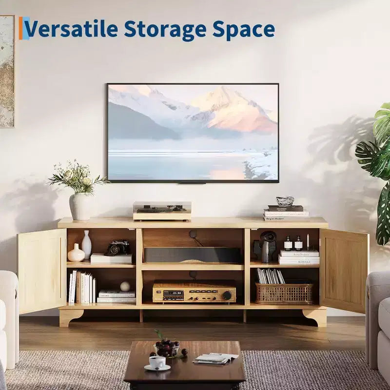 Mobile TV in Rattan, Adatto a TV fino a 70 Pollici, Mobile Porta TV Bohemien con Ante e Ripiani Aperti, Tavolino Console in Legno per Soggiorno