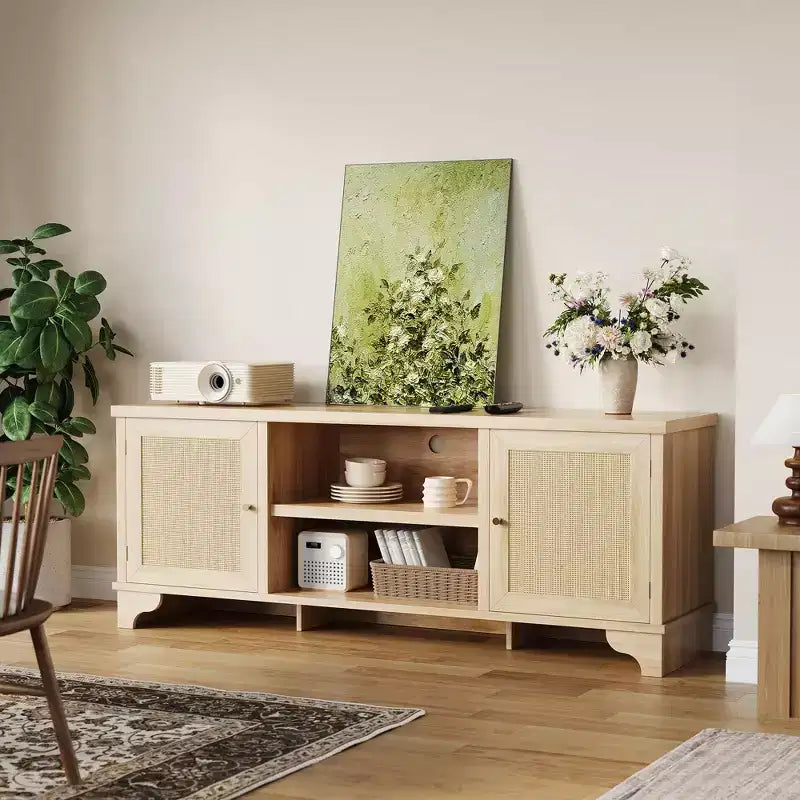 Mobile TV in Rattan, Adatto a TV fino a 70 Pollici, Mobile Porta TV Bohemien con Ante e Ripiani Aperti, Tavolino Console in Legno per Soggiorno