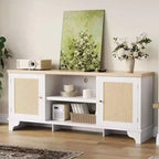 Mobile TV in Rattan, Adatto a TV fino a 70 Pollici, Mobile Porta TV Bohemien con Ante e Ripiani Aperti, Tavolino Console in Legno per Soggiorno