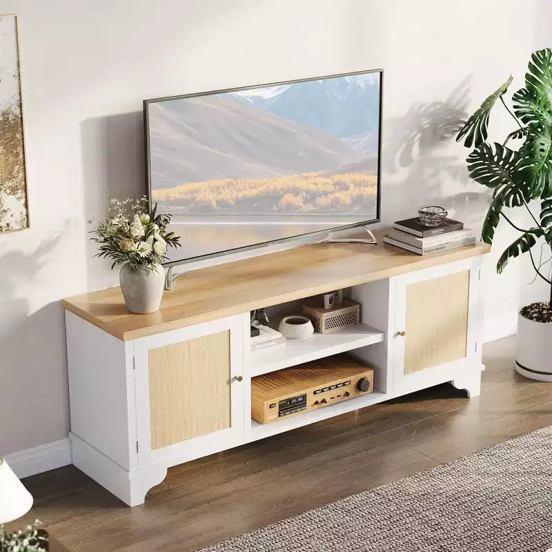 Mobile TV in Rattan, Adatto a TV fino a 70 Pollici, Mobile Porta TV Bohemien con Ante e Ripiani Aperti, Tavolino Console in Legno per Soggiorno
