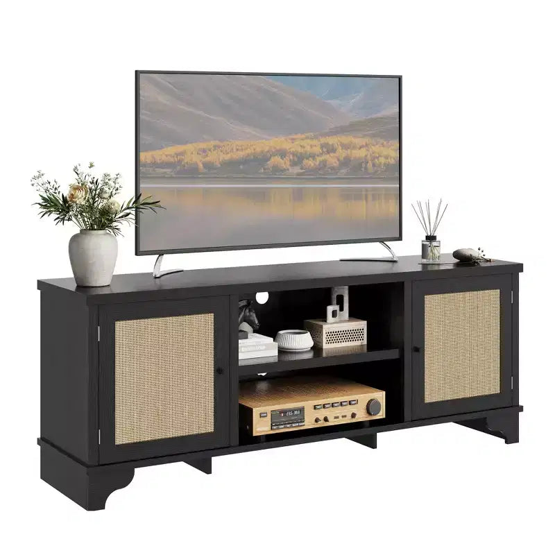 Mobile TV in Rattan, Adatto a TV fino a 70 Pollici, Mobile Porta TV Bohemien con Ante e Ripiani Aperti, Tavolino Console in Legno per Soggiorno
