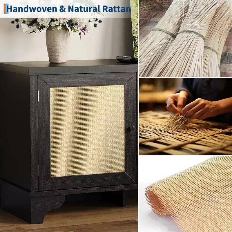 Mobile TV in Rattan, Adatto a TV fino a 70 Pollici, Mobile Porta TV Bohemien con Ante e Ripiani Aperti, Tavolino Console in Legno per Soggiorno