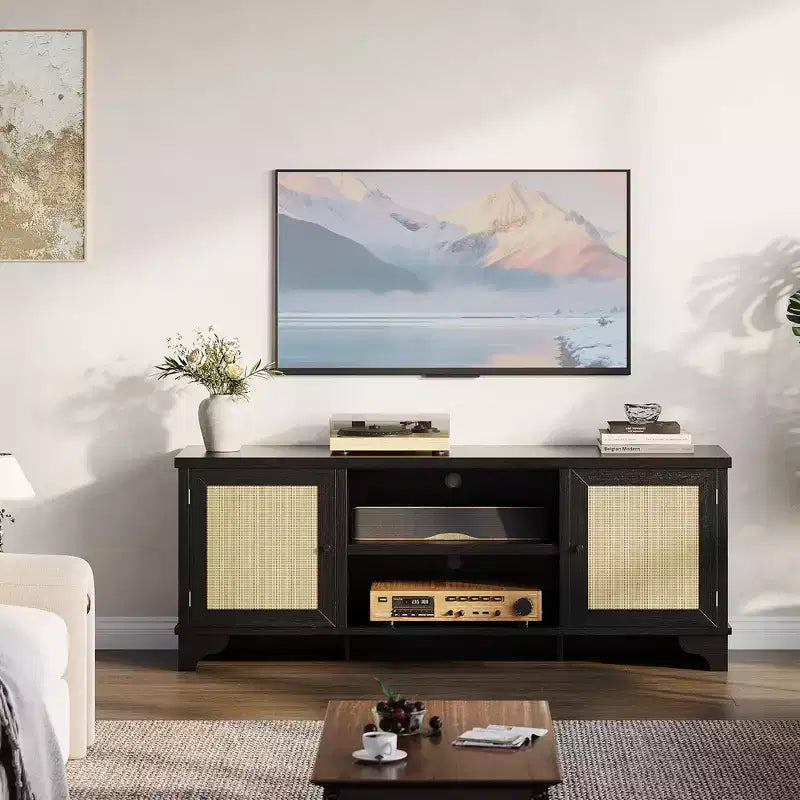Mobile TV in Rattan, Adatto a TV fino a 70 Pollici, Mobile Porta TV Bohemien con Ante e Ripiani Aperti, Tavolino Console in Legno per Soggiorno