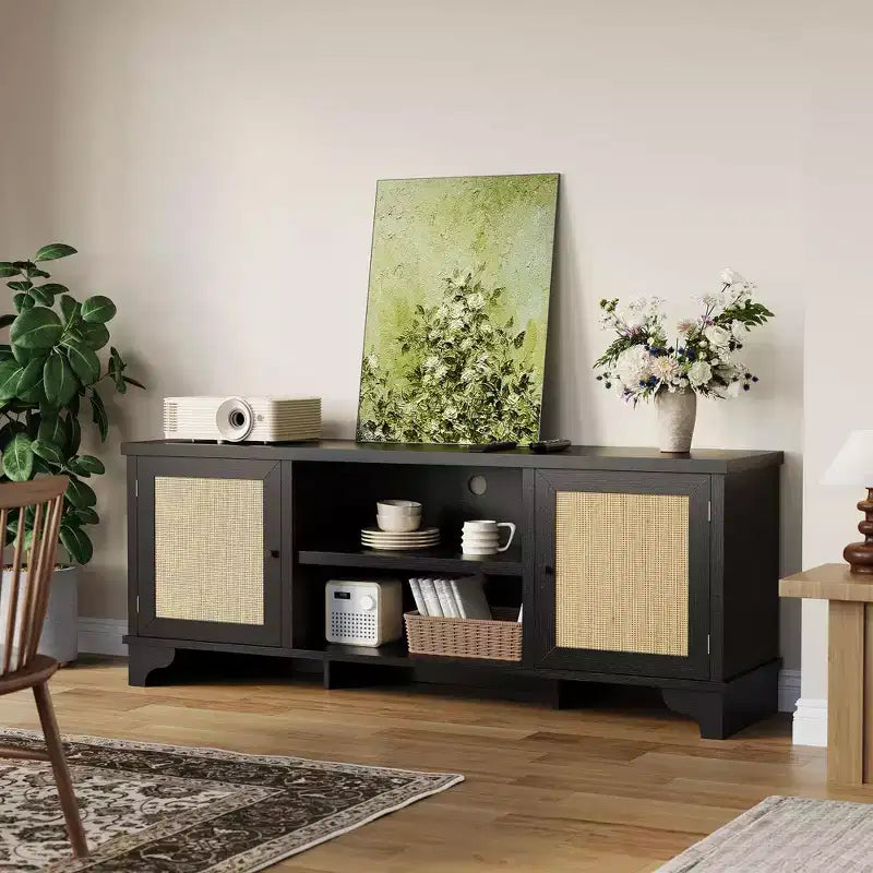 Mobile TV in Rattan, Adatto a TV fino a 70 Pollici, Mobile Porta TV Bohemien con Ante e Ripiani Aperti, Tavolino Console in Legno per Soggiorno