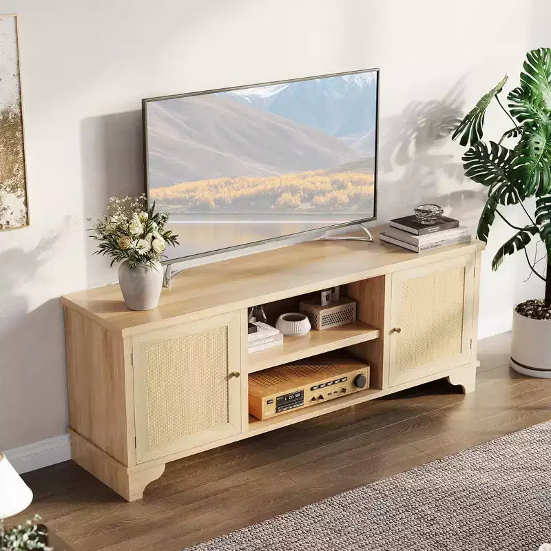 Mobile TV in Rattan, Adatto a TV fino a 70 Pollici, Mobile Porta TV Bohemien con Ante e Ripiani Aperti, Tavolino Console in Legno per Soggiorno