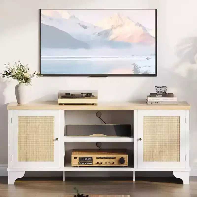 Mobile TV in Rattan, Adatto a TV fino a 70 Pollici, Mobile Porta TV Bohemien con Ante e Ripiani Aperti, Tavolino Console in Legno per Soggiorno