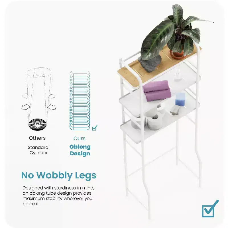 Home Zone Living Organizer Contenitore Salvaspazio a 3 Ripiani Sopra il WC con Dettagli in Bambù e Struttura in Acciaio, Scaffale da Bagno Autoportante, Bianco