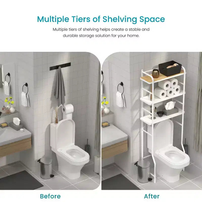 Home Zone Living Organizer Contenitore Salvaspazio a 3 Ripiani Sopra il WC con Dettagli in Bambù e Struttura in Acciaio, Scaffale da Bagno Autoportante, Bianco