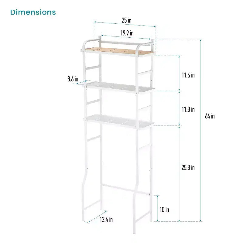 Home Zone Living Organizer Contenitore Salvaspazio a 3 Ripiani Sopra il WC con Dettagli in Bambù e Struttura in Acciaio, Scaffale da Bagno Autoportante, Bianco