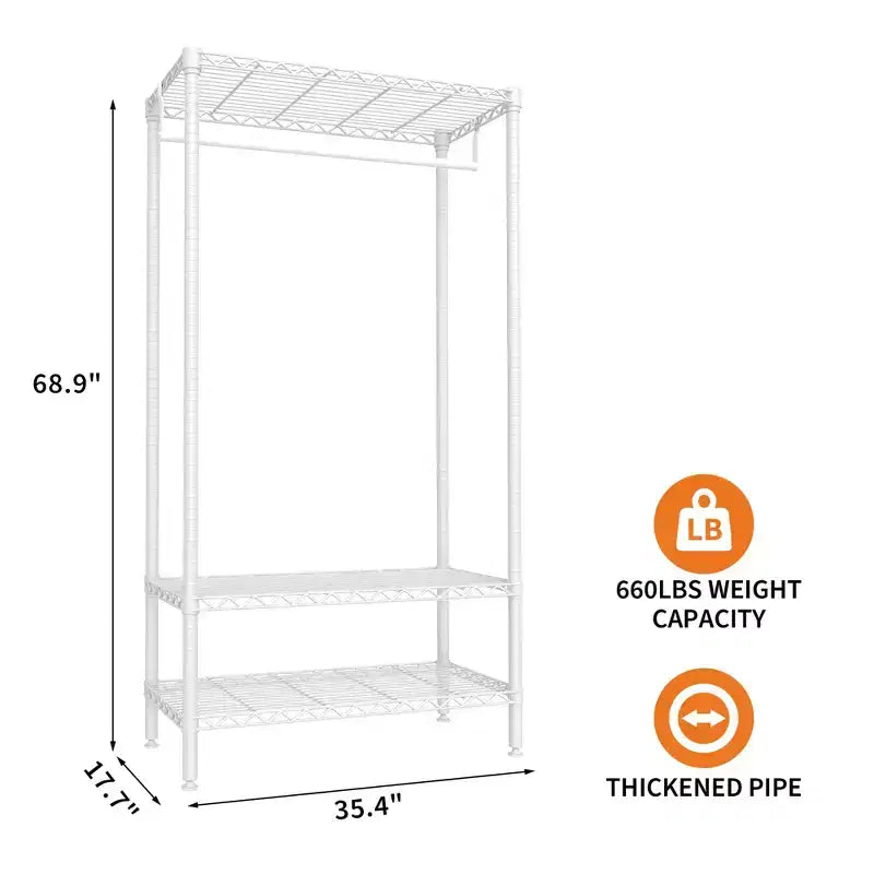 Appendiabiti a 3 ripiani in metallo con 1 asta appendiabiti e 3 ripiani aperti, organizzatore guardaroba portatile per vestiti, per camera da letto, 90L x 45P x 175A cm