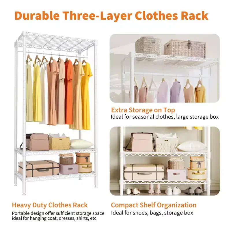 Appendiabiti a 3 ripiani in metallo con 1 asta appendiabiti e 3 ripiani aperti, organizzatore guardaroba portatile per vestiti, per camera da letto, 90L x 45P x 175A cm