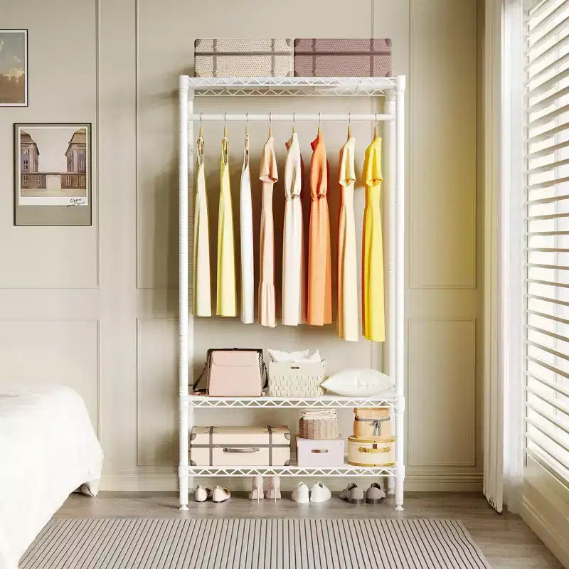 Appendiabiti a 3 ripiani in metallo con 1 asta appendiabiti e 3 ripiani aperti, organizzatore guardaroba portatile per vestiti, per camera da letto, 90L x 45P x 175A cm