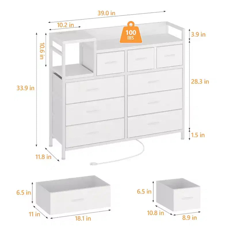 Cassettiera in tessuto bianco a 39 cassetti, comò e ripiano, comò moderno con stazione di ricarica, comò porta TV per camera da letto, soggiorno