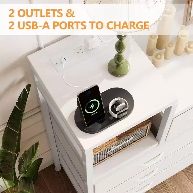 Cassettiera in tessuto bianco a 39 cassetti, comò e ripiano, comò moderno con stazione di ricarica, comò porta TV per camera da letto, soggiorno