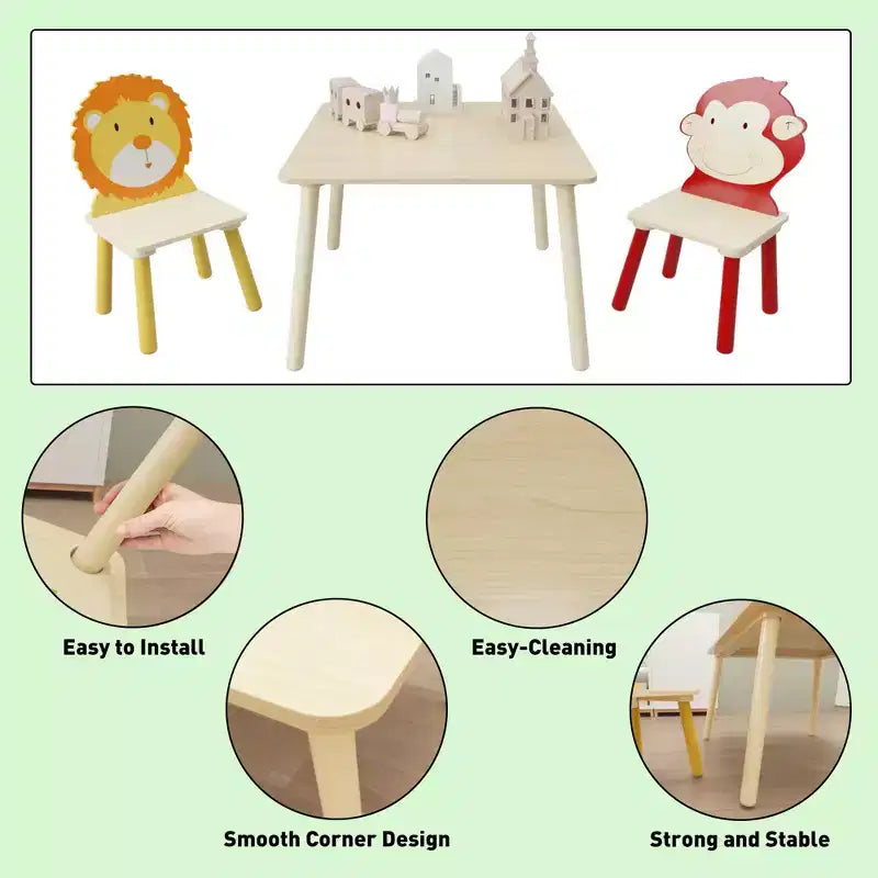 JVNOXK-Set Tavolo e 2 Sedie per Bambini, Set Tavolo e Sedia per Bambini Piccoli a 3 Pezzi, Set Tavolo da Gioco in Legno (Leone e Scimmia)