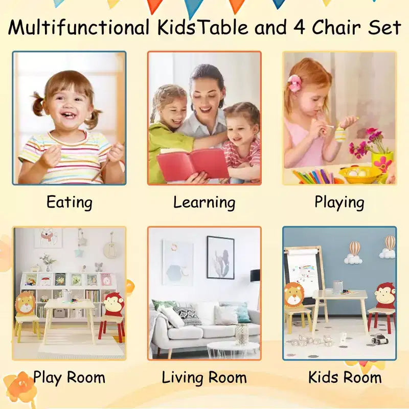 JVNOXK-Set Tavolo e 2 Sedie per Bambini, Set Tavolo e Sedia per Bambini Piccoli a 3 Pezzi, Set Tavolo da Gioco in Legno (Leone e Scimmia)