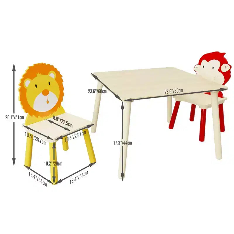 JVNOXK-Set Tavolo e 2 Sedie per Bambini, Set Tavolo e Sedia per Bambini Piccoli a 3 Pezzi, Set Tavolo da Gioco in Legno (Leone e Scimmia)