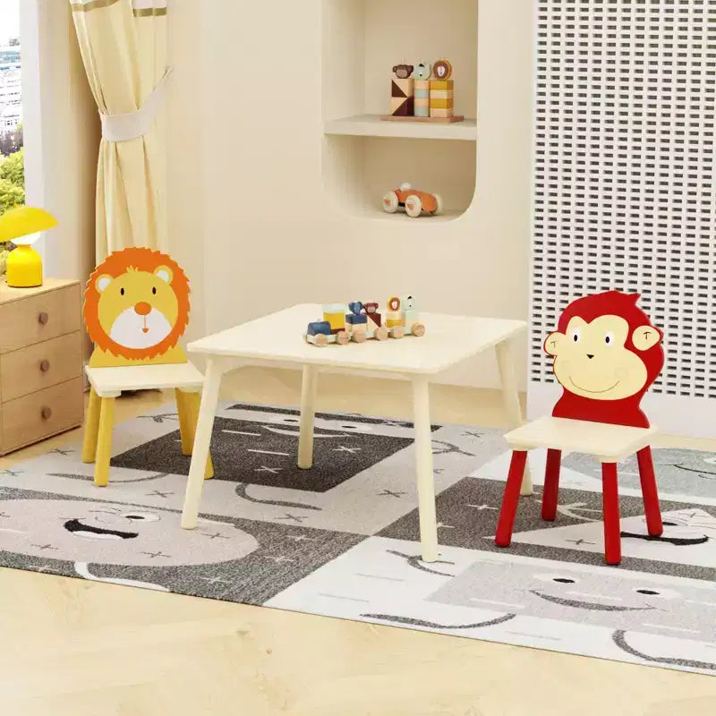 JVNOXK-Set Tavolo e 2 Sedie per Bambini, Set Tavolo e Sedia per Bambini Piccoli a 3 Pezzi, Set Tavolo da Gioco in Legno (Leone e Scimmia)