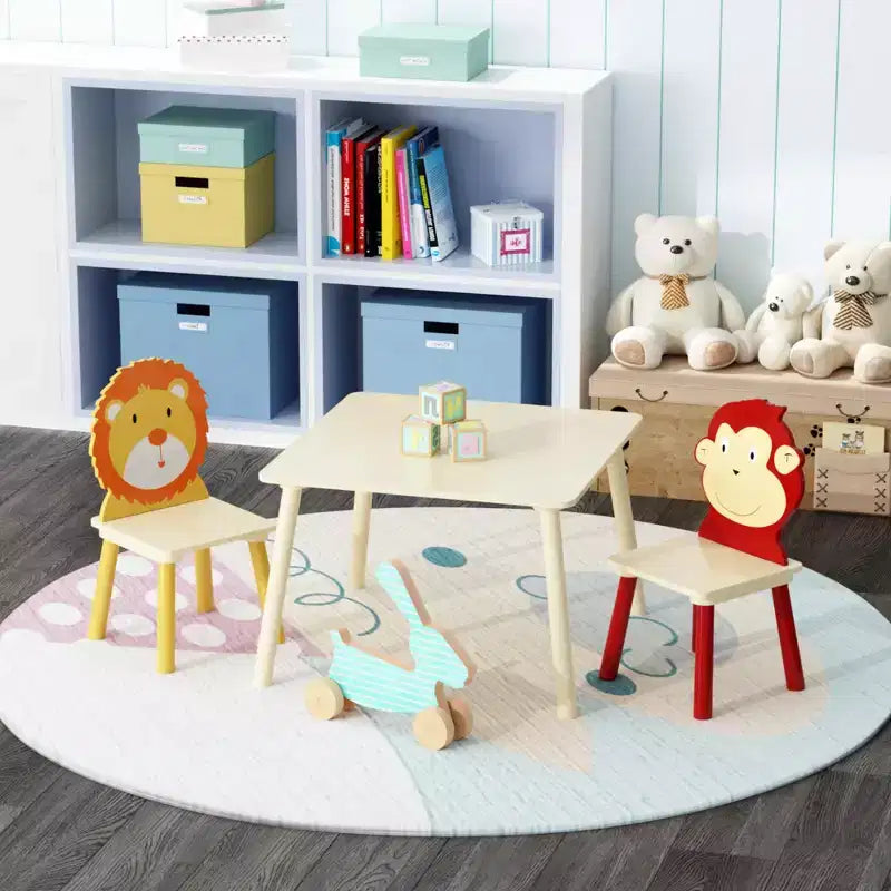 JVNOXK-Set Tavolo e 2 Sedie per Bambini, Set Tavolo e Sedia per Bambini Piccoli a 3 Pezzi, Set Tavolo da Gioco in Legno (Leone e Scimmia)