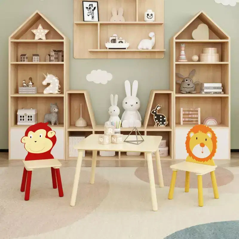 JVNOXK-Set Tavolo e 2 Sedie per Bambini, Set Tavolo e Sedia per Bambini Piccoli a 3 Pezzi, Set Tavolo da Gioco in Legno (Leone e Scimmia)