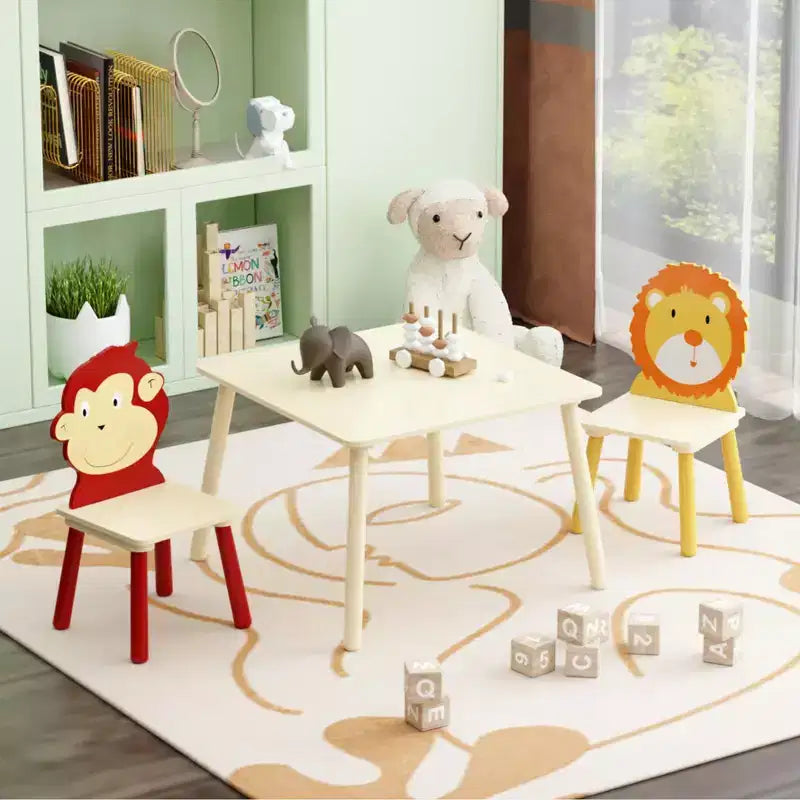 JVNOXK-Set Tavolo e 2 Sedie per Bambini, Set Tavolo e Sedia per Bambini Piccoli a 3 Pezzi, Set Tavolo da Gioco in Legno (Leone e Scimmia)