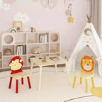 JVNOXK-Set Tavolo e 2 Sedie per Bambini, Set Tavolo e Sedia per Bambini Piccoli a 3 Pezzi, Set Tavolo da Gioco in Legno (Leone e Scimmia)
