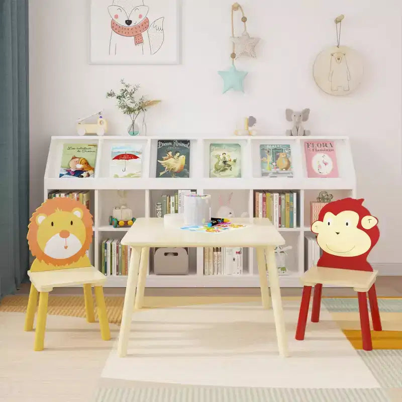 JVNOXK-Set Tavolo e 2 Sedie per Bambini, Set Tavolo e Sedia per Bambini Piccoli a 3 Pezzi, Set Tavolo da Gioco in Legno (Leone e Scimmia)
